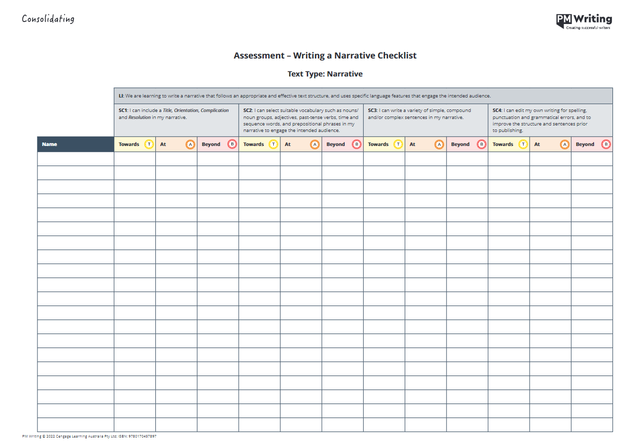 Narrative Writing Assessment Checklist